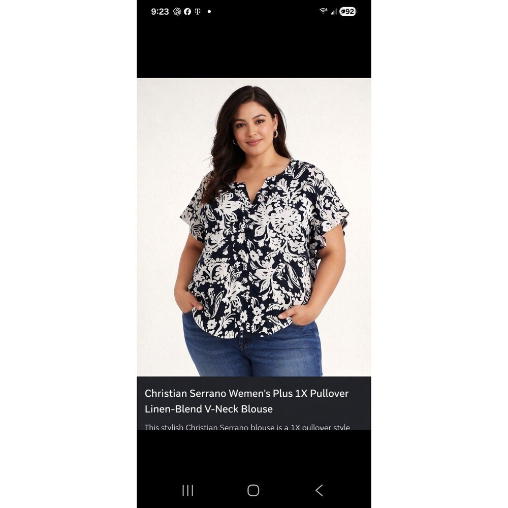 NWT Womens 1X Christian Siriano LINEN Blend Black & White Cap sleeve shirt